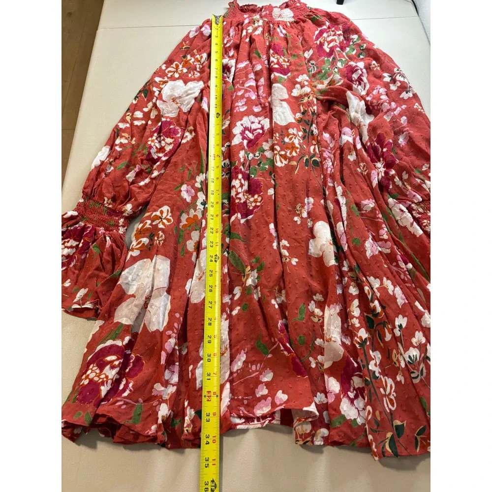 byTiMo Floral Swiss Dot Smocked Mock Neck Mini Dress Rust Red S Shift Botanical